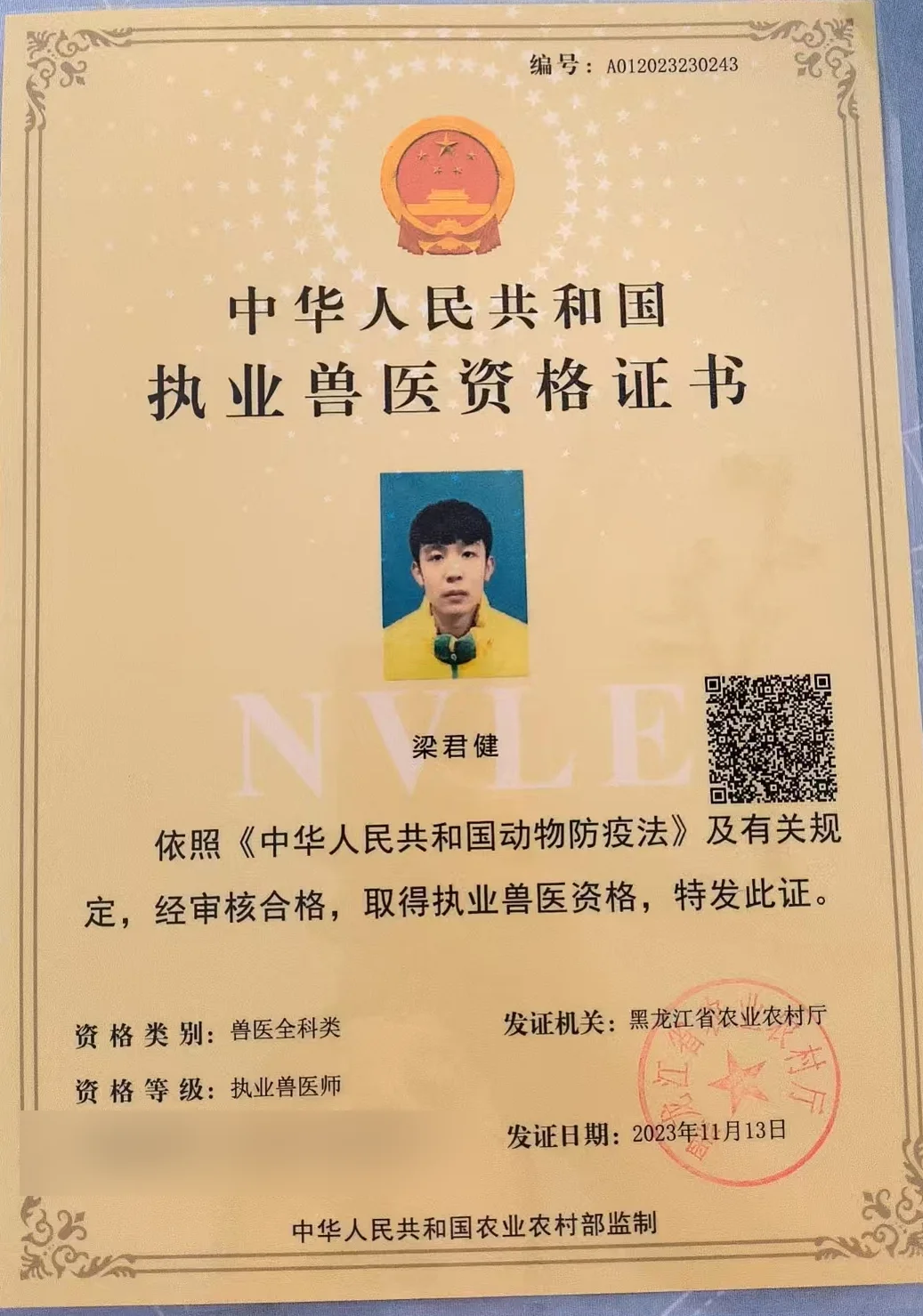 梁君健执业兽医资格证书照片,证书编号A012023230243,我宠我爱动物医院沈阳唐人店医生,黑龙江省农业农村厅2023年11月发证,擅长小动物软组织外科与骨外科