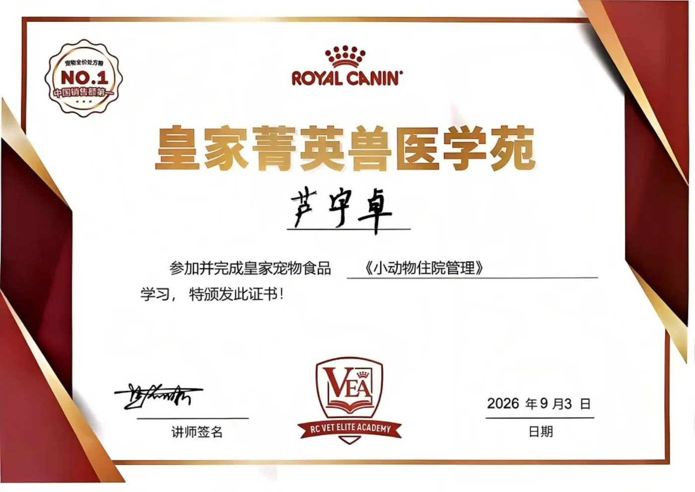 芦宇卓皇家菁英兽医学苑培训证书照片,2025年,我宠我爱动物医院沈阳唐人店医生
