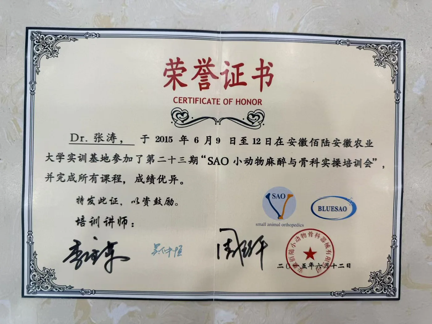 张涛安徽佰陆SAO小动物骨科培训荣誉证书照片,2015年,我宠我爱动物医院哈尔滨滨江店医生
