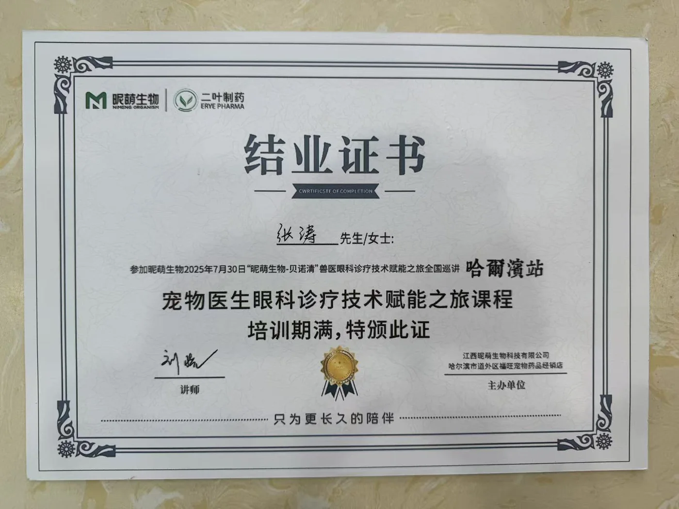 张涛江西昵萌生物科技宠物医生眼科诊疗技术赋能培训结业证书照片,2025年,我宠我爱动物医院哈尔滨滨江店医生