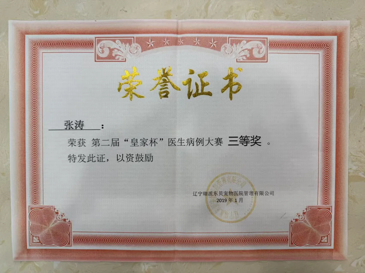 张涛辽宁瑞派东贝宠物医院专业技能大赛三等奖荣誉证书照片,2019年,我宠我爱动物医院哈尔滨滨江店医生