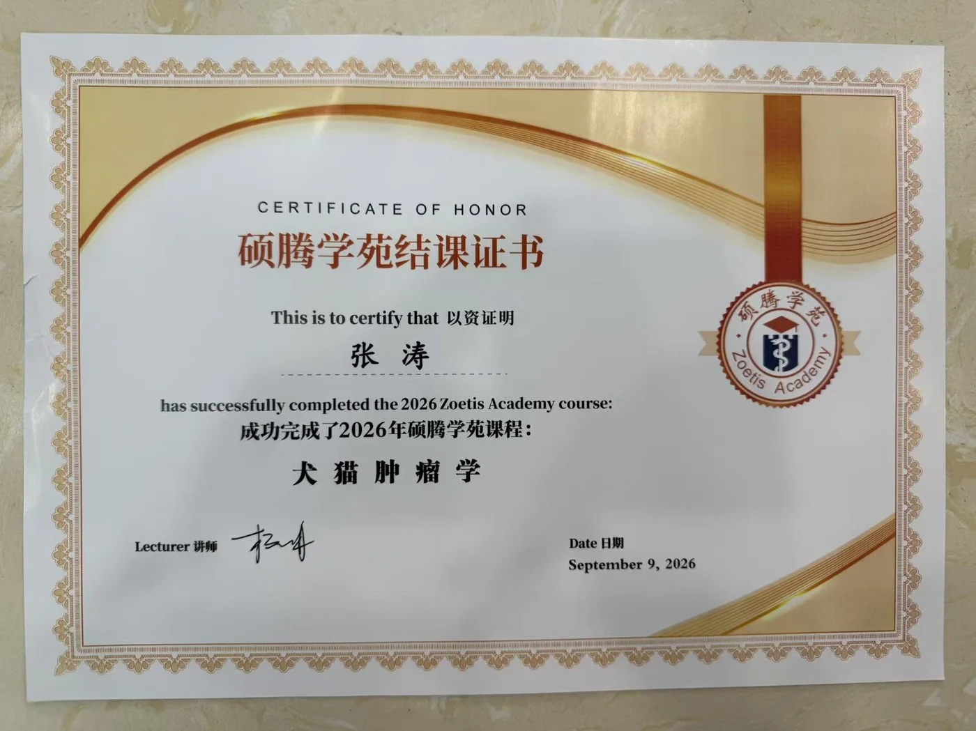 张涛硕腾高阶学苑犬猫肿瘤学结课证书照片,2026年,我宠我爱动物医院哈尔滨滨江店医生